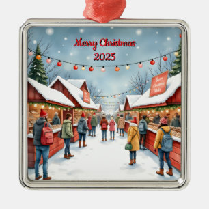 Custom Christmas Village Shops Metal Ornament