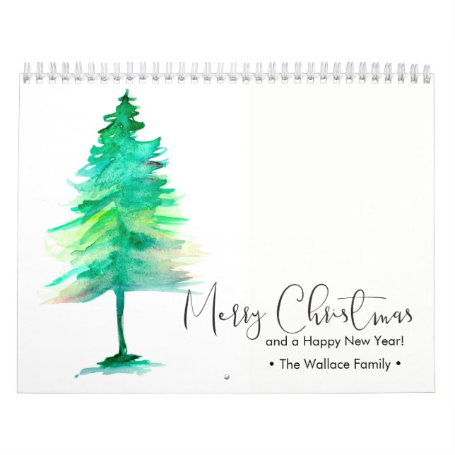 Custom Christmas Watercolor Pine Personal Photos Calendar (Cover)