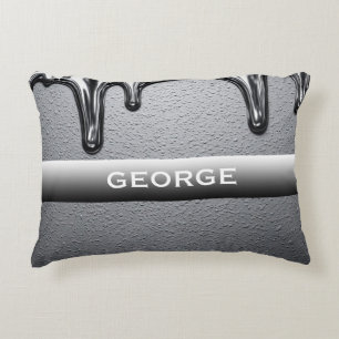 Custom Chrome Dripping Name Glossy Silver Minimal Decorative Cushion