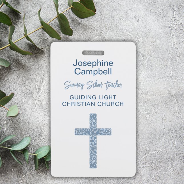 Custom Church Staff Volunteer Event Name Blue ID Badge (Text & cross can be changed to your choice of color.)