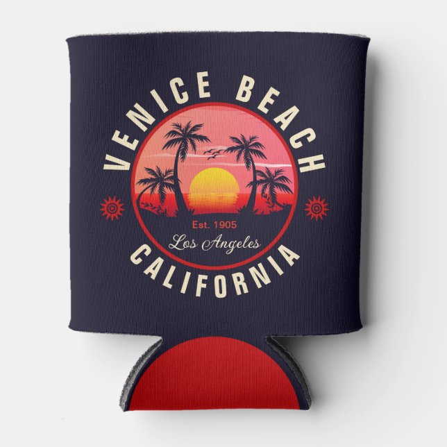 Custom City Beach Location Retro Sunset Souvenir Can Cooler (Front)