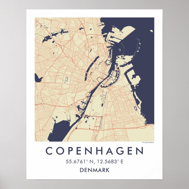 Custom City Map Copenhagen Denmark Wall Art Poster (Front)