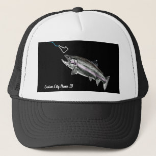 CUSTOM CITY NAME STEELHEAD HERE FISHY FISHY STK ID TRUCKER HAT