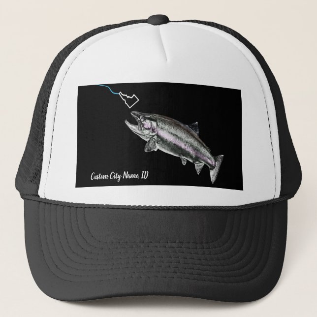 CUSTOM CITY NAME STEELHEAD HERE FISHY FISHY STK ID TRUCKER HAT (Front)