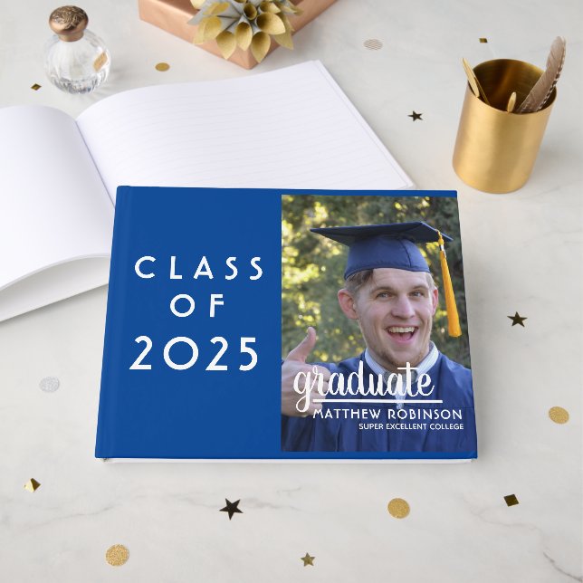 Custom Class of 2025 Graduation Blue Photo  Guest Book (Front Open)