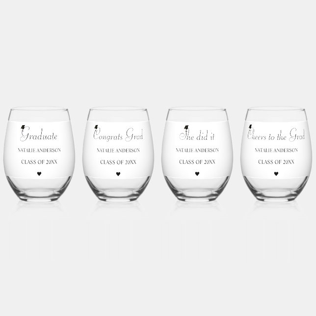 Custom Class of 2026 Graduation Drinkware Set Stemless Wine Glass (Front)