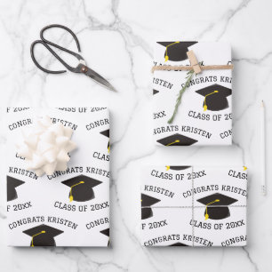 Custom Class of 20xx Black Graduation Cap Gift Wrapping Paper Sheet