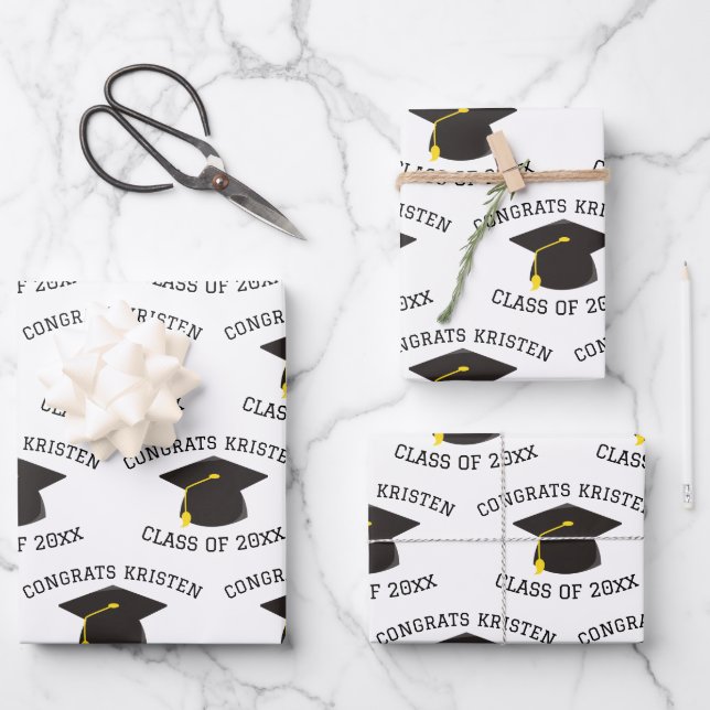 Custom Class of 20xx Black Graduation Cap Gift Wrapping Paper Sheet (Front)