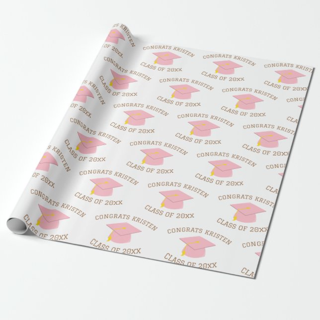 Custom Class of 20xx Pink Graduation Cap Gift Wrapping Paper (Unrolled)