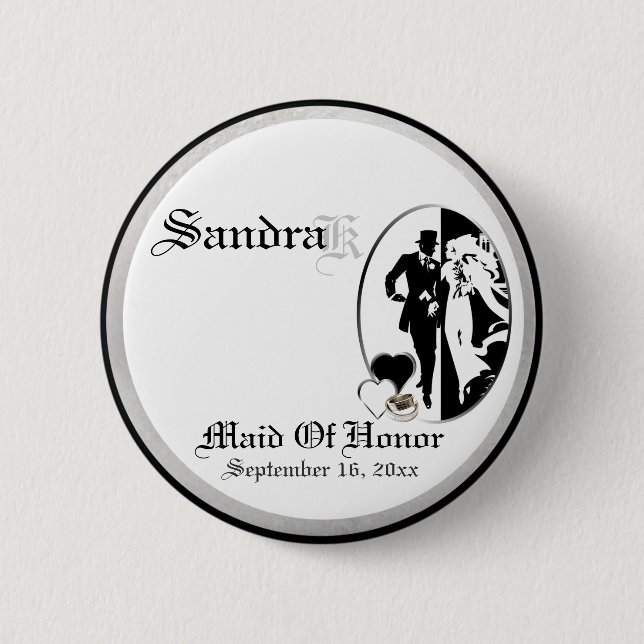 Custom Classic Black White Maid Of Honour Button (Front)