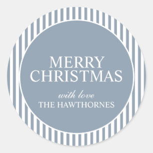 Custom Classic Blue Stripe Elegant Merry Christmas Round Sticker
