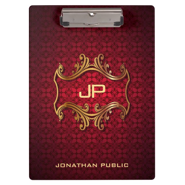 Custom Classic Elegant Black Red Damask Monogram Clipboard (Front)