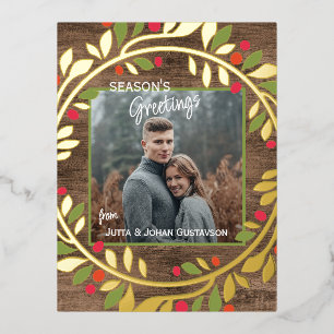 Custom Classic Green Holly Red Berries Foliage Foil Holiday Postcard