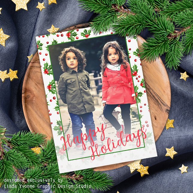 Custom Classic Green Holly Red Berries Holiday Card (Creator Uploaded)