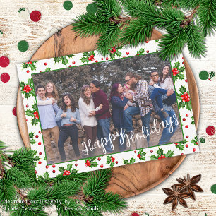 Custom Classic Green Holly Red Berries Holiday Card