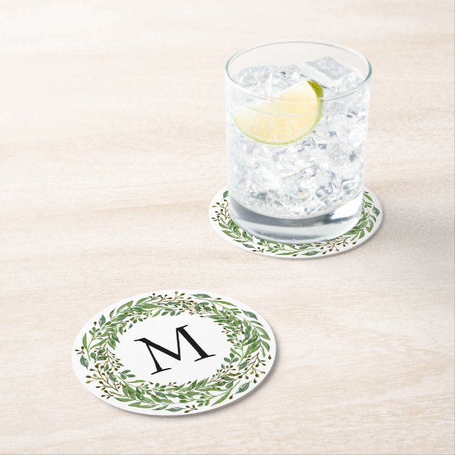 Custom Classic Green Laurel Wreath Leaves Pattern Round Paper Coaster (Insitu)