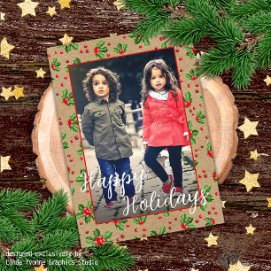 Custom Classic Holiday Green Holly Red Berries Card