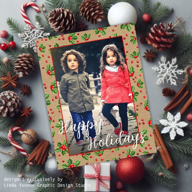 Custom Classic Holiday Green Holly Red Berries Postcard (Creator Uploaded)