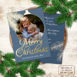 Custom Classic White Pine Tree Needles Gold Foil Holiday Card<br><div class="desc">Contemporary classic Christmas holiday season greeting card with white coloured pine tree needles wreath leaves pattern on a classy blue grey background, with real gold foil Merry Christmas wish text. With option and room to customise the text, family name and year date, and add a personal photo of your choice...</div>