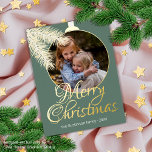 Custom Classic White Pine Tree Needles Gold Foil Holiday Card<br><div class="desc">Contemporary classic Christmas holiday season greeting card with white coloured pine tree needles wreath leaves pattern on a classy green grey background, with real gold foil Merry Christmas wish text. With option and room to customise the text, family name and year date, and add a personal photo of your choice...</div>
