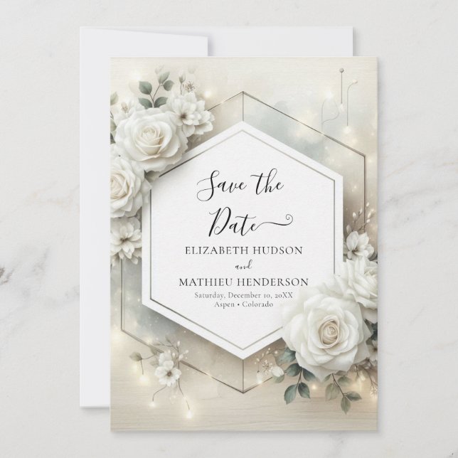 Custom Classic White Roses Wedding Save The Date (Front)
