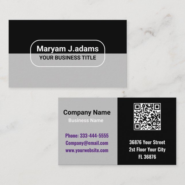 Custom Classy Business Name (qr Code) Black Silver Card (Front/Back)