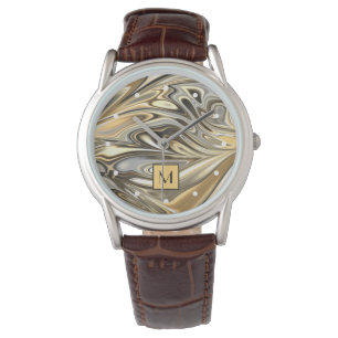 Custom Classy Gold Silver Grey Marbled Waves Art Watch
