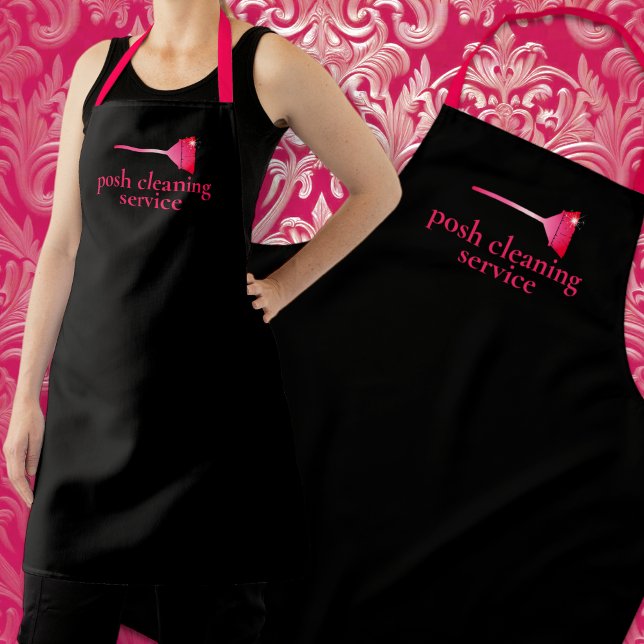 Custom Cleaning Service Hot Pink Name Black Staff Apron (Creator Uploaded)