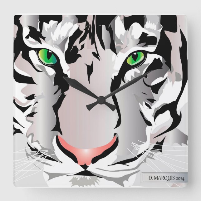 CUSTOM CLOCK- TIGER-WHITE/GREY SQUARE WALL CLOCK (Front)