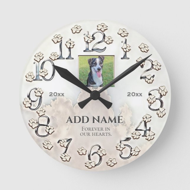 Custom Clouds and Paws Dog Photo Memorial Round Clock (Front)