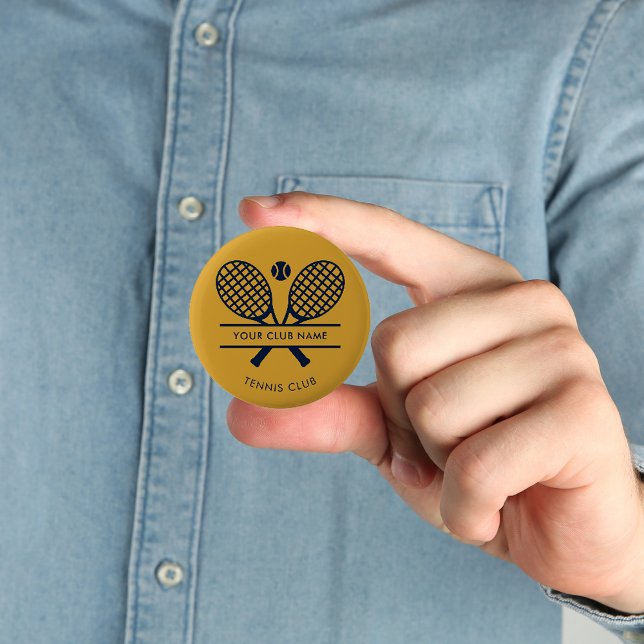 Custom Club Name Lawn Tennis Icons Sports 6 Cm Round Badge (Lawn Tennis Racket Motif Navy Blue and Gold Custom Button)
