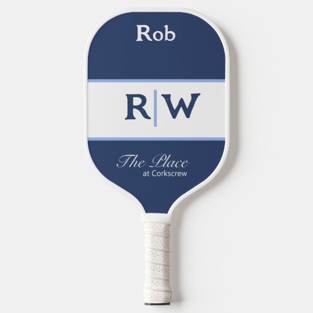 Custom Club Name Monogrammed White Navy Blue  Pick Pickleball Paddle (Front)