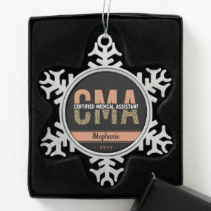 Custom CMA Certified Medical Assistant Leopard Snowflake Pewter Christmas Ornament