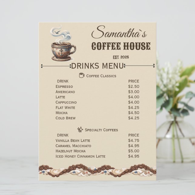 Custom Coastal Cafe Branding  Menu (Standing Front)