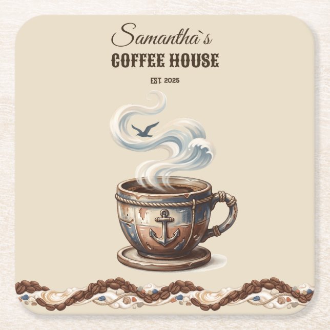 Custom Coastal Cafe Branding  Square Paper Coaster (Front)