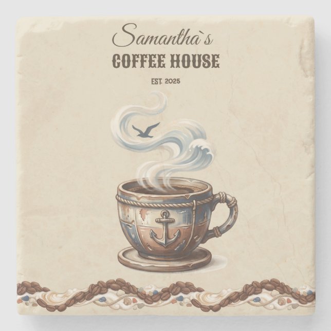 Custom Coastal Cafe Branding  Stone Coaster (Front)
