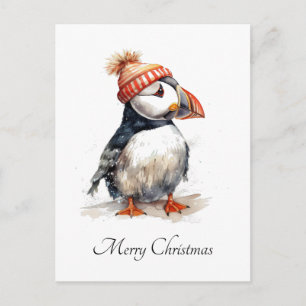 Custom Coastal Christmas Puffin Winter Knit Hat Holiday Postcard