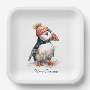Custom Coastal Christmas Puffin Winter Knit Hat Paper Plate