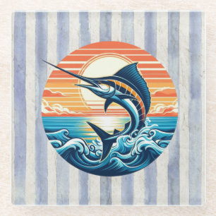 Custom Coastal/nautical/beach marlin sunset Glass Coaster