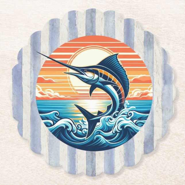 Custom Coastal/nautical/beach marlin sunset Paper Coaster (Front)