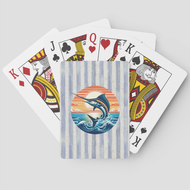 Custom Coastal/nautical/beach marlin sunset Playing Cards (Back)
