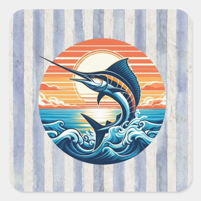 Custom Coastal/nautical/beach marlin sunset Square Sticker (Front)