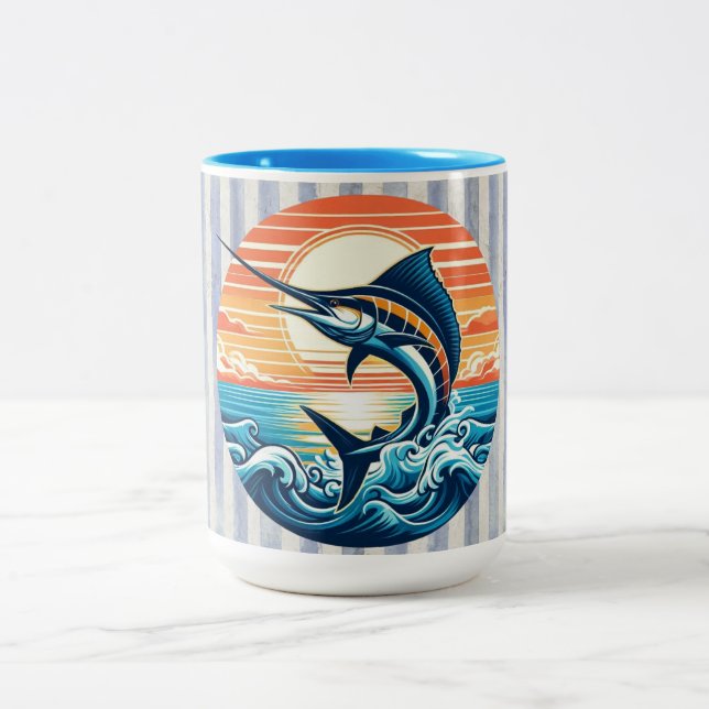 Custom Coastal/nautical/beach marlin sunset Two-Tone Coffee Mug (Center)