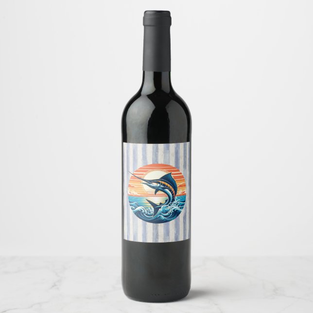 Custom Coastal/nautical/beach marlin sunset Wine Label (Front)