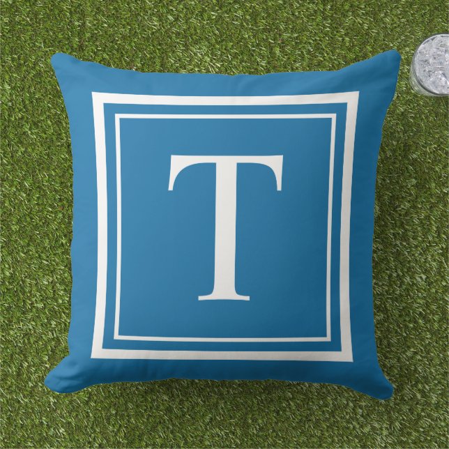 Custom Cobalt Blue Square Monogram Initial Letter Cushion (Grass)