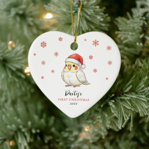 Custom Cockatiel Wearing Santa Hat First Christmas Ceramic Ornament