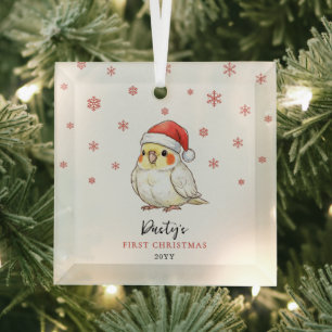 Custom Cockatiel Wearing Santa Hat First Christmas Glass Tree Decoration