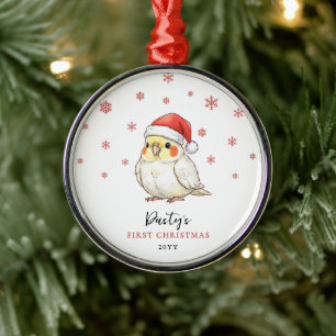 Custom Cockatiel Wearing Santa Hat First Christmas Metal Ornament