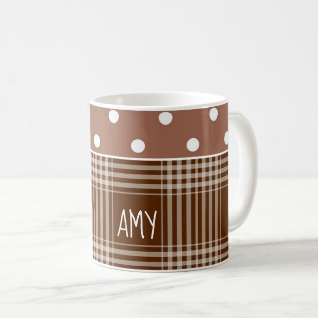 Custom Coffee Brown Dots & Chocolate Plaid Coffee Mug (Front Right)