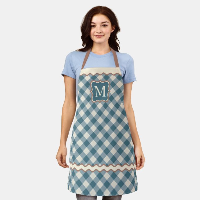 Custom Coffee Brown Teal Blue Ivory Gingham Apron (Worn)